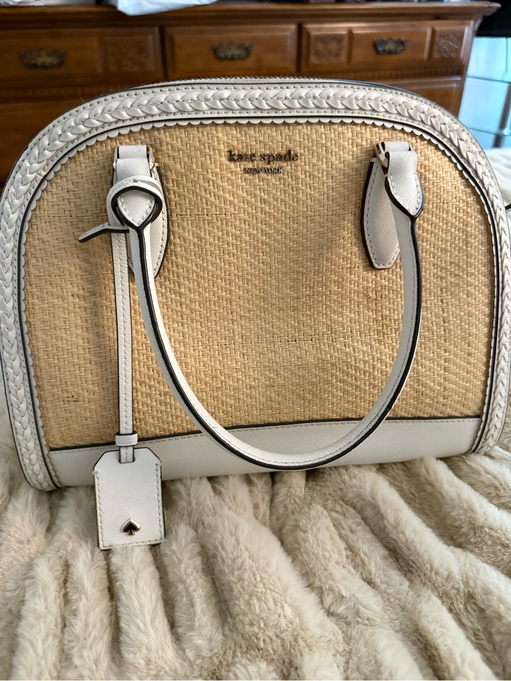 kate spade Natural Woven Straw Satchel with White Trim